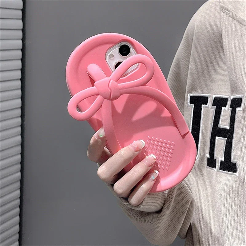 

Korean cute 3D pink bowknot flip-flops phone case for iPhone 14 13 12 11 pro XS Max X XR 7 8 plus silicone protective soft cover