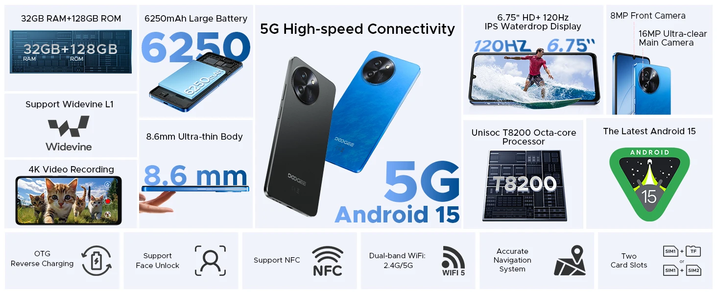 DOOGEE Note 59 5G Smartphone Android 15 NFC Cellphone 6.75" Screen 32GB (8+24) 128GB Unisoc T820 6250mAh Battery Mobile Phone