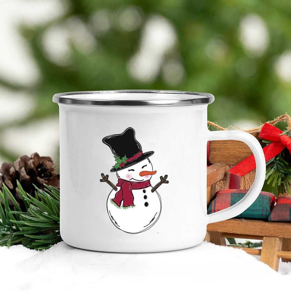 Santa Snowman Print Coffee Mugs Enamel mug Hot Cocoa Chocolate Cup Kids Breakfast Milk Oatmeal Cups Handle Decor Holiday Gifts