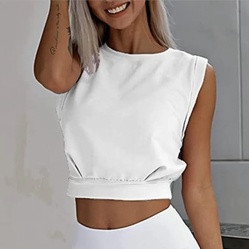 T-shirt in cotone con top corto per donna Top corto sexy senza maniche T-shirt allentata casual estiva T-shirt tinta unita femminile Gril