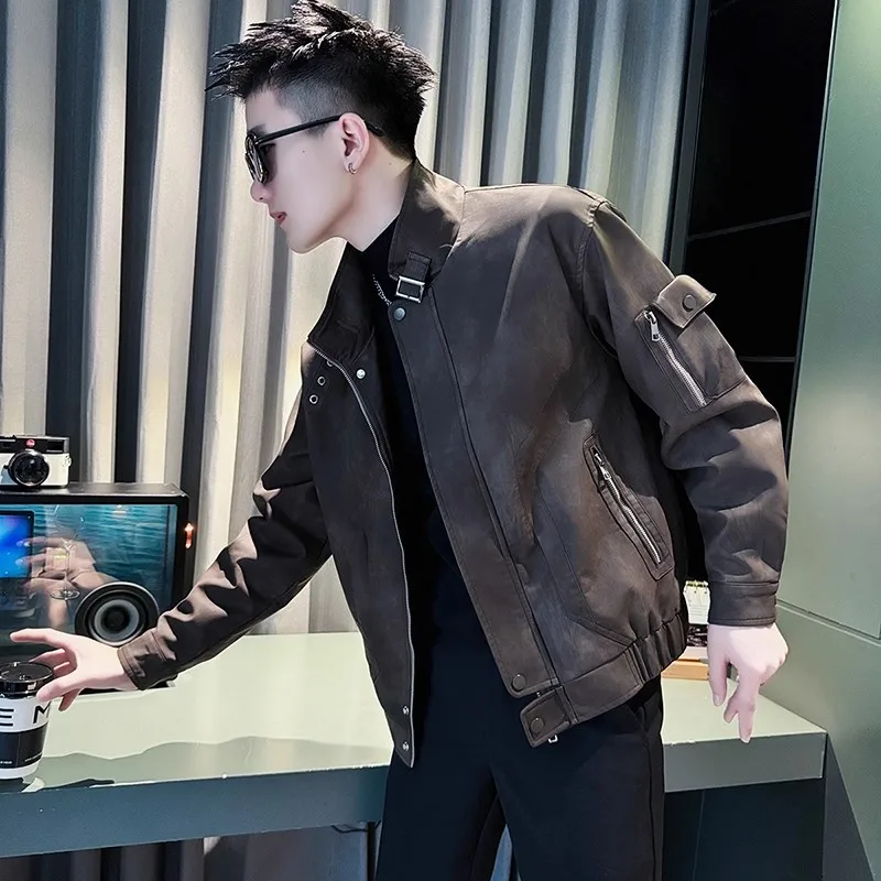 Spring And Autumn Trendy Brand Cool Stand Collar Workwear Men's 2026 New Casual Short Leather Jacket