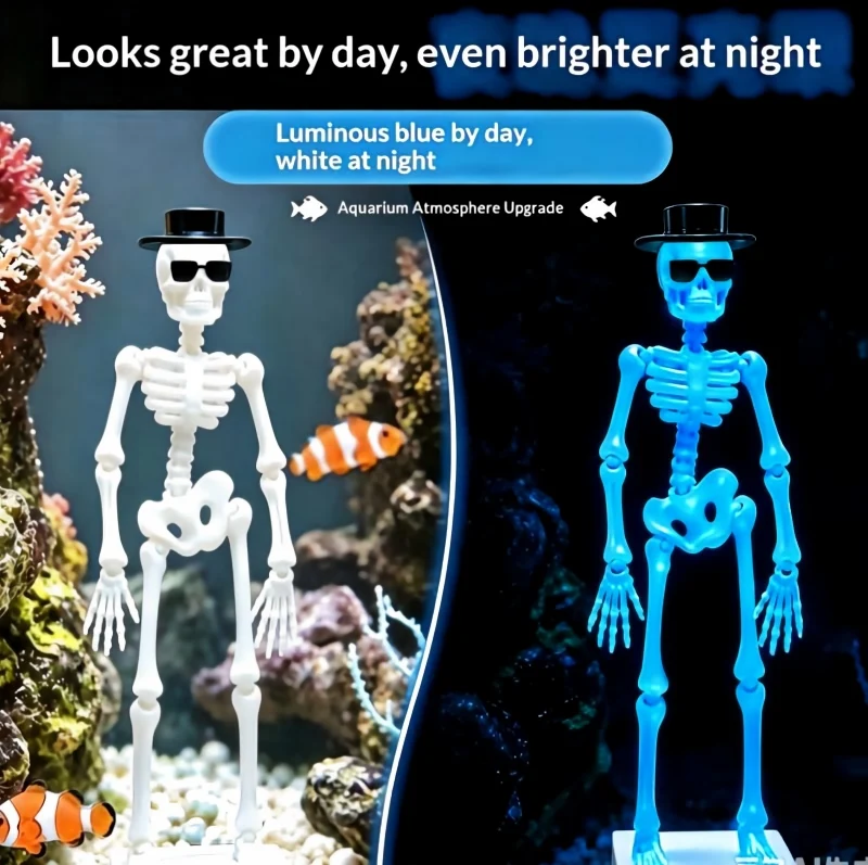 Halloween-Schaukelschädel-Aquariumdekoration, 3D-gedrucktes, nicht-bewegliches Aquarium-Ornament, tanzende Skelettfigur für gruselige Dekorationen – Detail 10