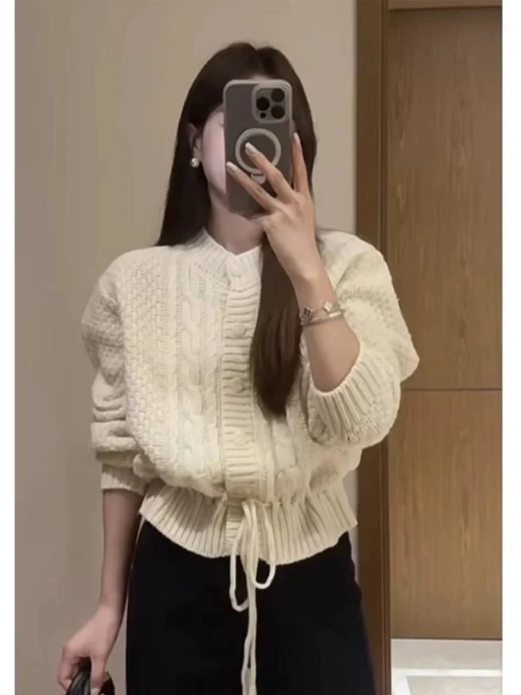 Korean Series Gentle Sle round Neck Twist Sweater Women Autumn and Winter Lace-up Waist Hugging Slimming Knit cardigan Soft...