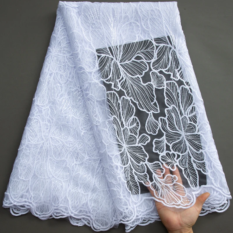 Pure White Nigerian Milk Silk Embroidery Lace African Fabric French Mesh Tulle Lace Sequined Fabric High Quality Bridel Dresses