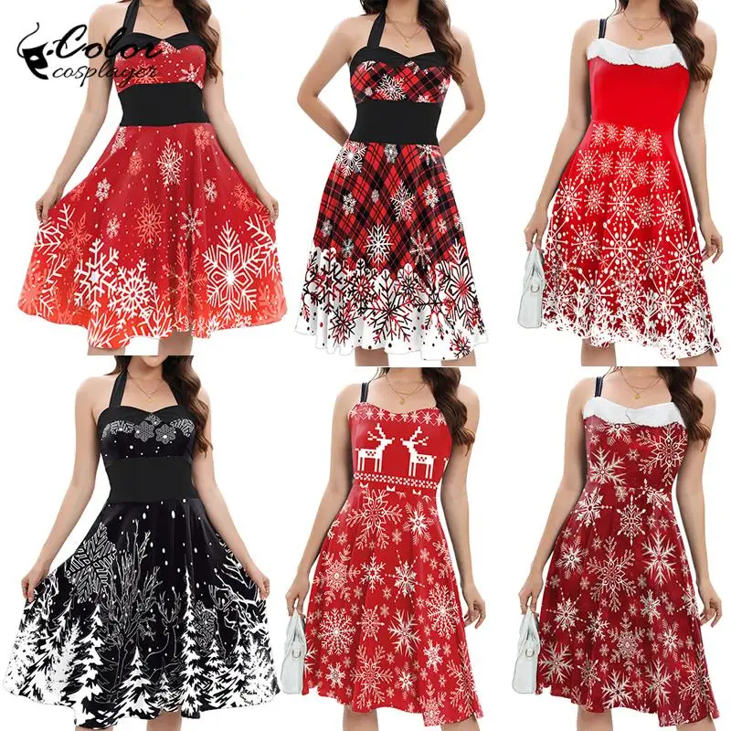 

Color Cosplayer Christmas Dress Women Sexy A-Line Dress Xmas Party Red Strap Dress Snowflake Pattern 3D Print Festival Outfit