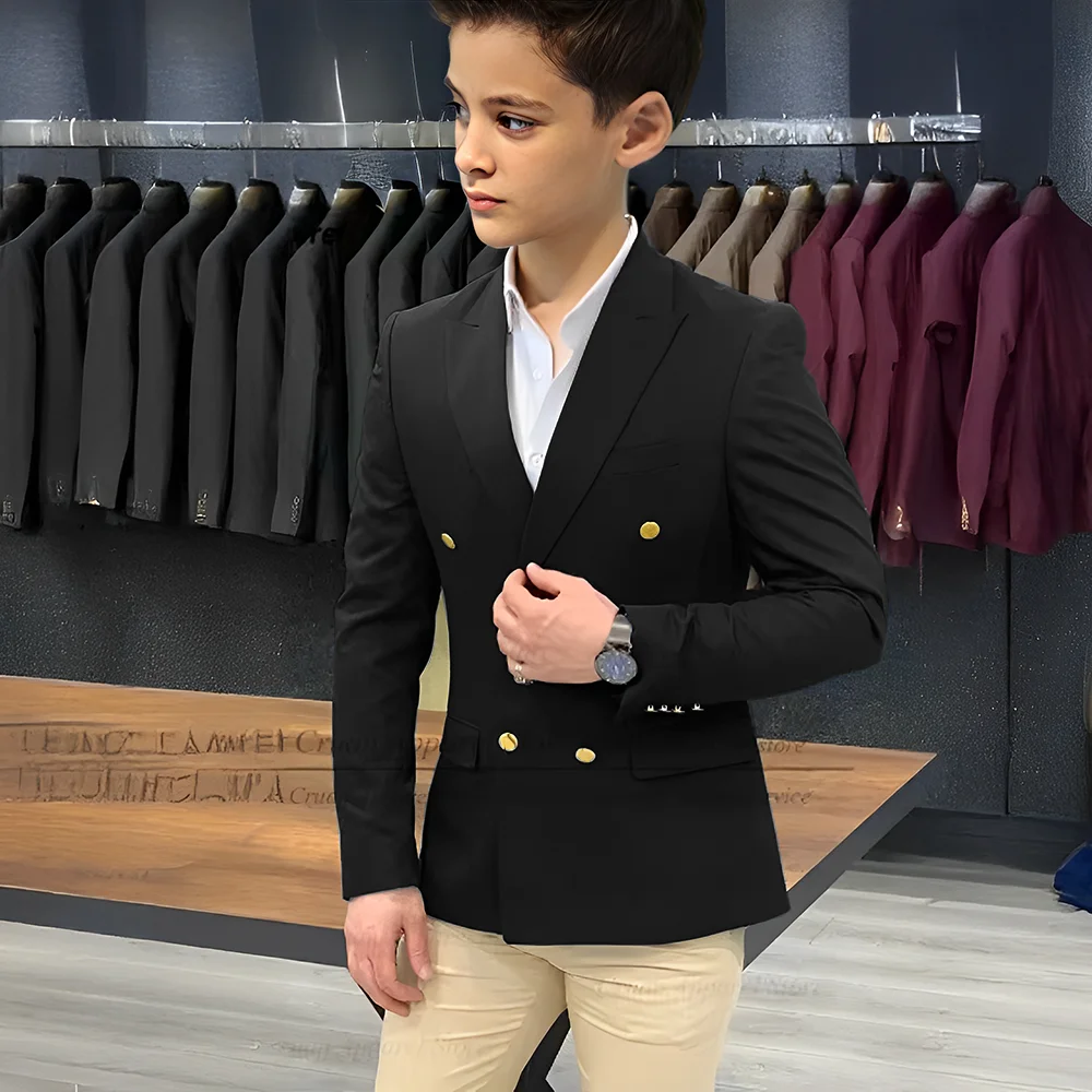 Blazer de boda de 2 piezas para niños, chaqueta de traje de caballero con botones dorados, traje informal ajustado con doble botonadura para niños de negocios, color azul marino