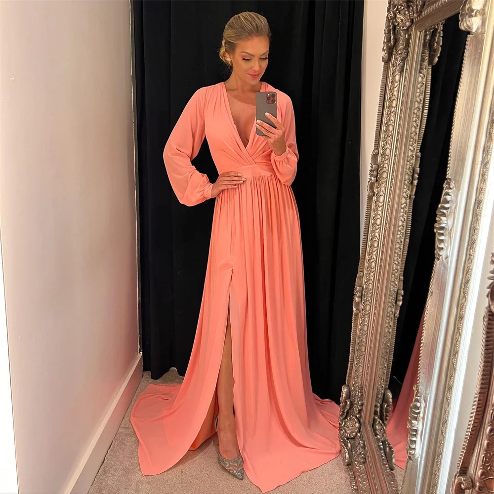 Lily Pink V Neck Long Prom Dress Vintage Chiffion Long Sleeves Night Dresses Pleat Celebrity Dress vestidos de fiesta Customized