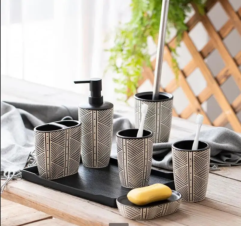 

Black Striped Wash Kit Light Luxury Soap Dispenser Mouthwash Cup Toilet Brush Set Ceramic Bathroom Accessories 5 Piece
