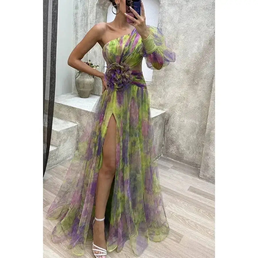 Women New Party Mesh Sloping Shoulder Dress Casual Fashion Sexy High Waist Long Maxi Loose Dress