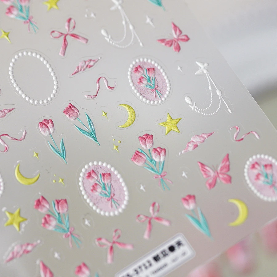 

Tulip Flower Bouquet Bowknot Ribbon Moon Star Clouds Butterfly Droplet Tassel 5D Self Adhesive Nail Art Stickers Manicure Decal
