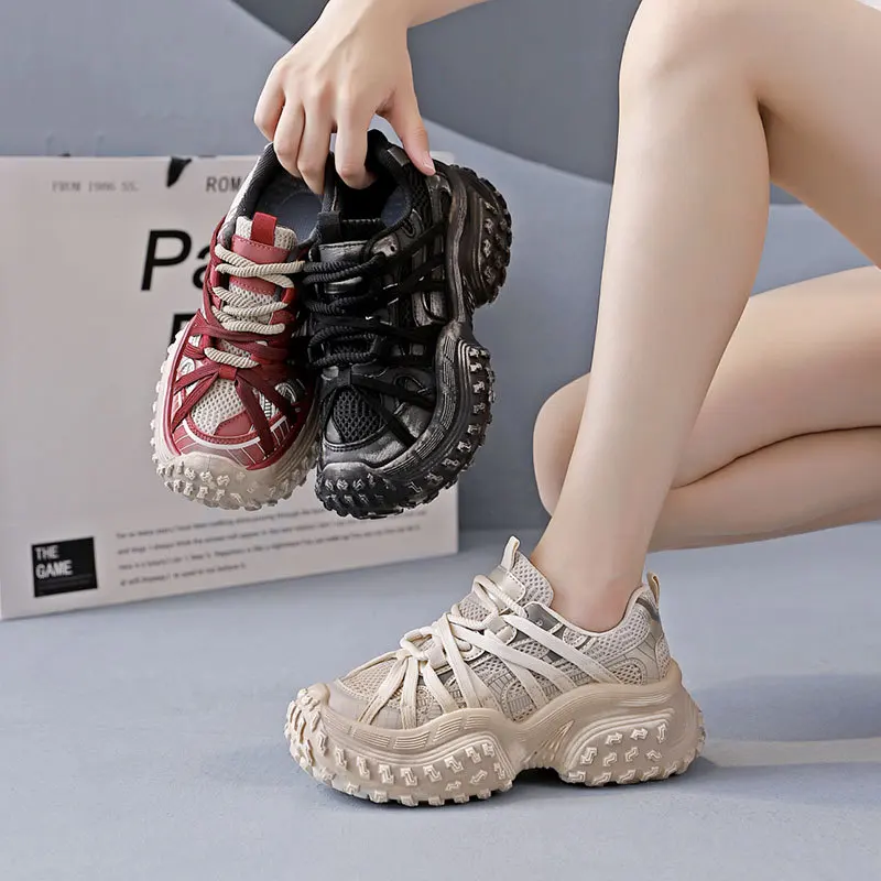 

Hot Selling Thick Soled Daddy Shoes Female 2025 Spring and Autumn New Niche Design Sense Lace-up Breathable Casual Shoes