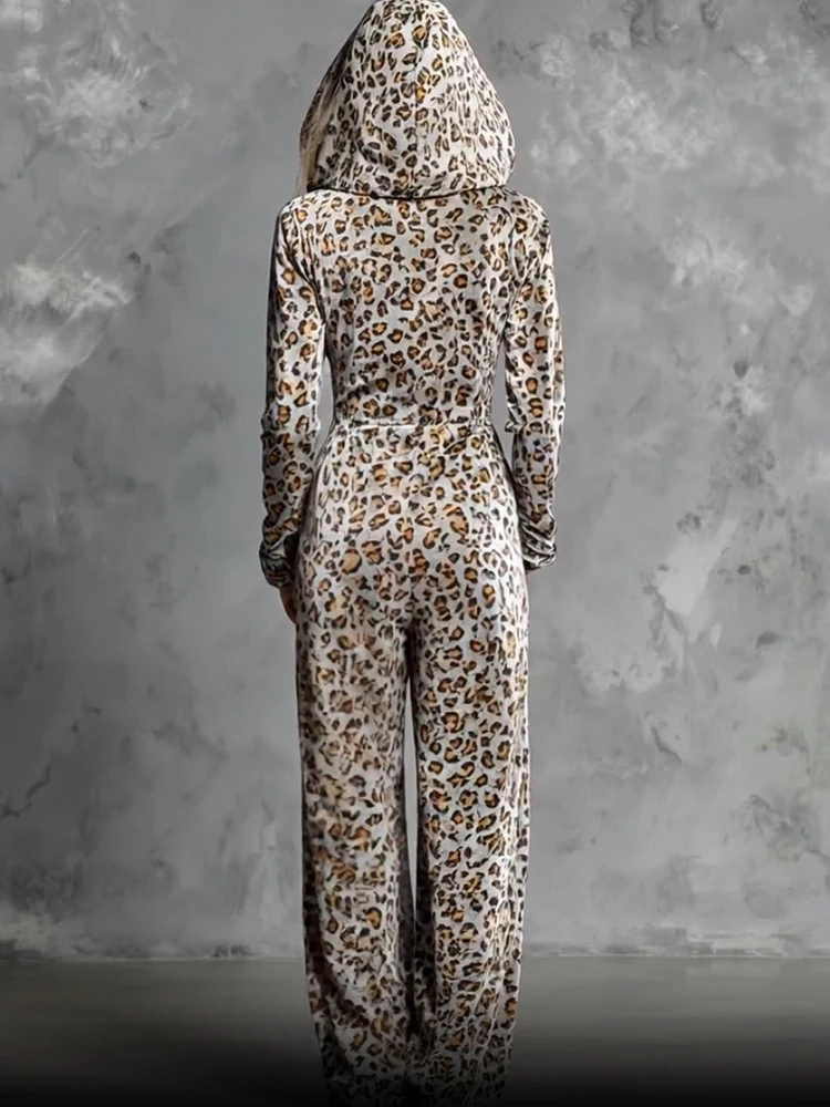 Herbst Winter Neue Goldene Samt Leopard Print Overall Mode Hohe Taille Tasche Hoodies Strampler Beiläufige Lose Breite Bein Playsuits
