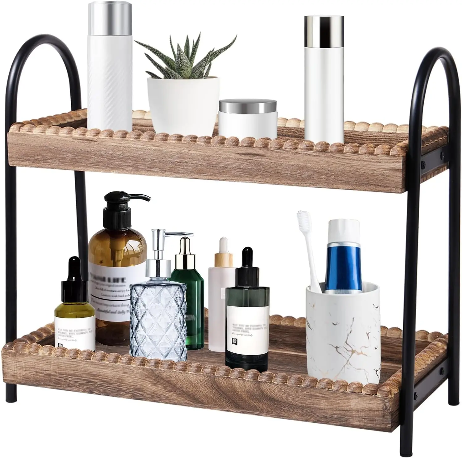 

Bathroom Countertop Organizer, 2 Tier Vanity Organizer and Storage for Cosmetic Skincare Perfume, Wood Bead Storage Shel