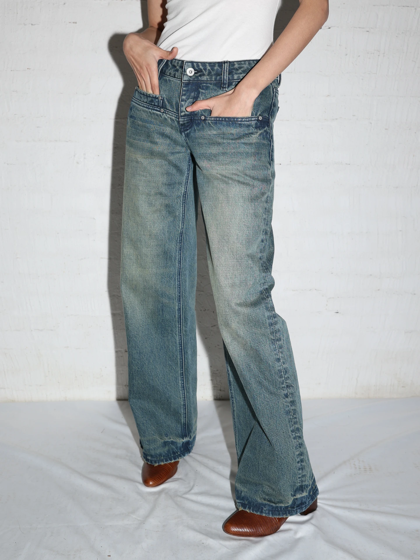 

Vintage Waed Low Waist Straight Leg Cotton Jeans Women's Casual Sle Blue Jeans Retro Look Pure Cotton Distred Jeans