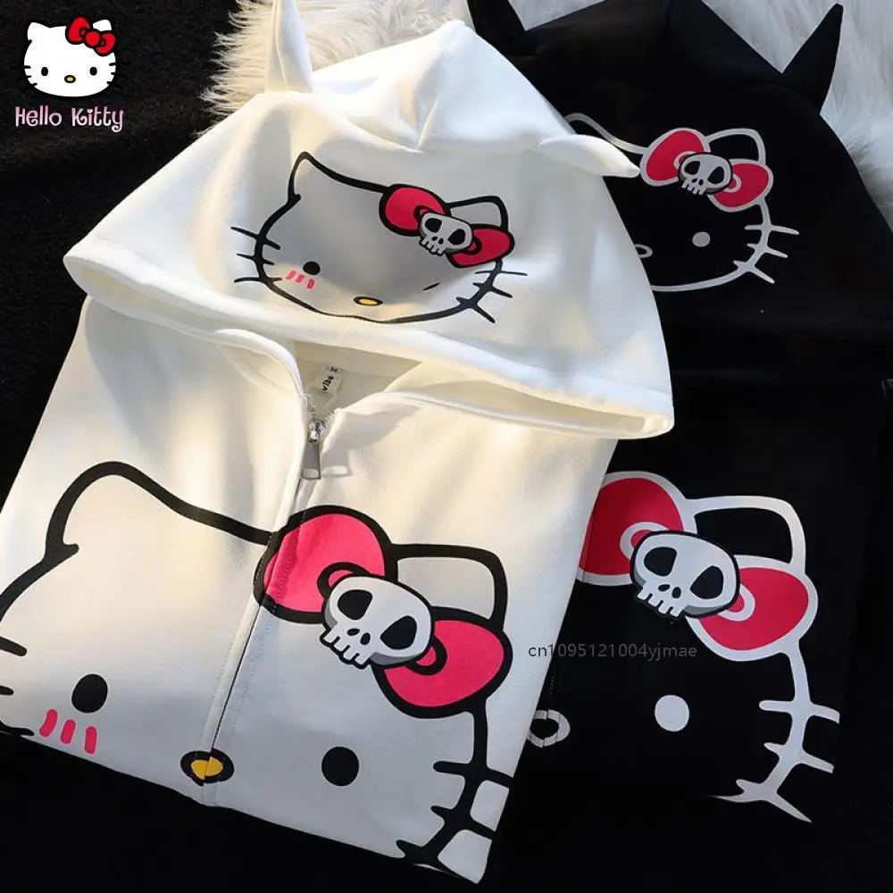 سانريو Kawaii مرحبا كيتي القطن المطبوع هوديي المرأة فضفاضة سستة الكرتون سترة معطف مقنعين الملابس جديد الخريف الشتاء لطيف