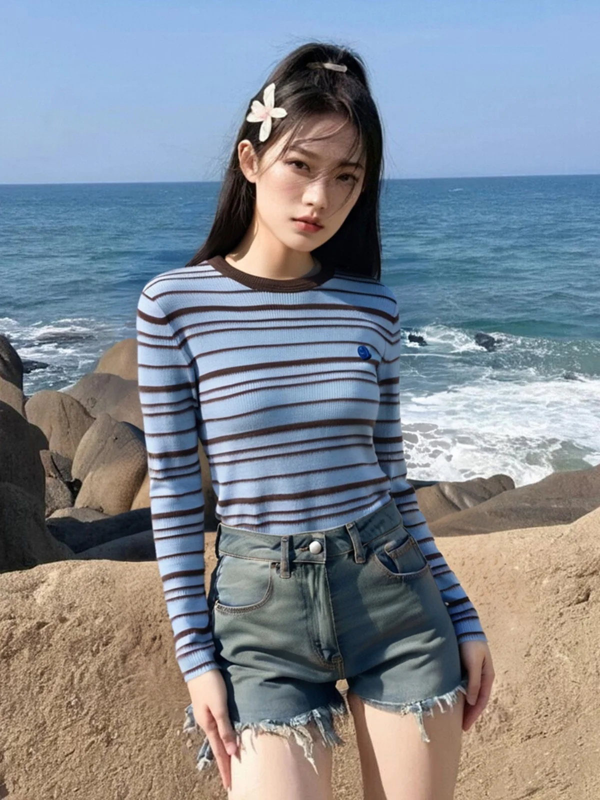 

High-End Knitted Slim Fit Striped Color Blo Long Sve T-irt Faionable Anti-Aging European Sle Women's Autumn Top