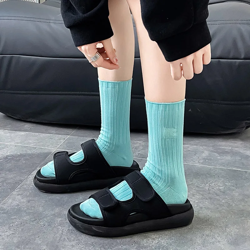 Color Socks Women\'s Cotton Embroidery Double Mid-tube Women Socks Ins Fashion Four Seasons Long Socks Outside Wear Kawaii