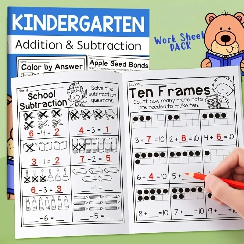 32-Page Interactive Math Learning Workbook with Addition & Subtraction Worksheets, Crossword Puzzles, Colorful Math Activities