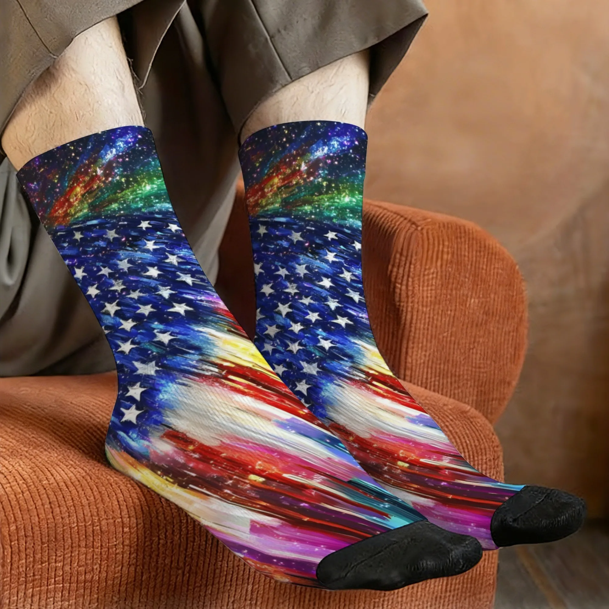 Starry Sky Art American Flag Socks Soft Stretch Lightweight Men's Socks Outdoor Casual Hiking Trendy Novel Fashion Graphic Socks
