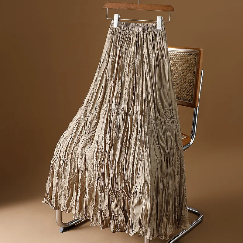 

New In 2025 Women Spring Autumn Solid Color Pleated Skirt Female Trendy Elegant High Waist Loose Casual Long Skirts