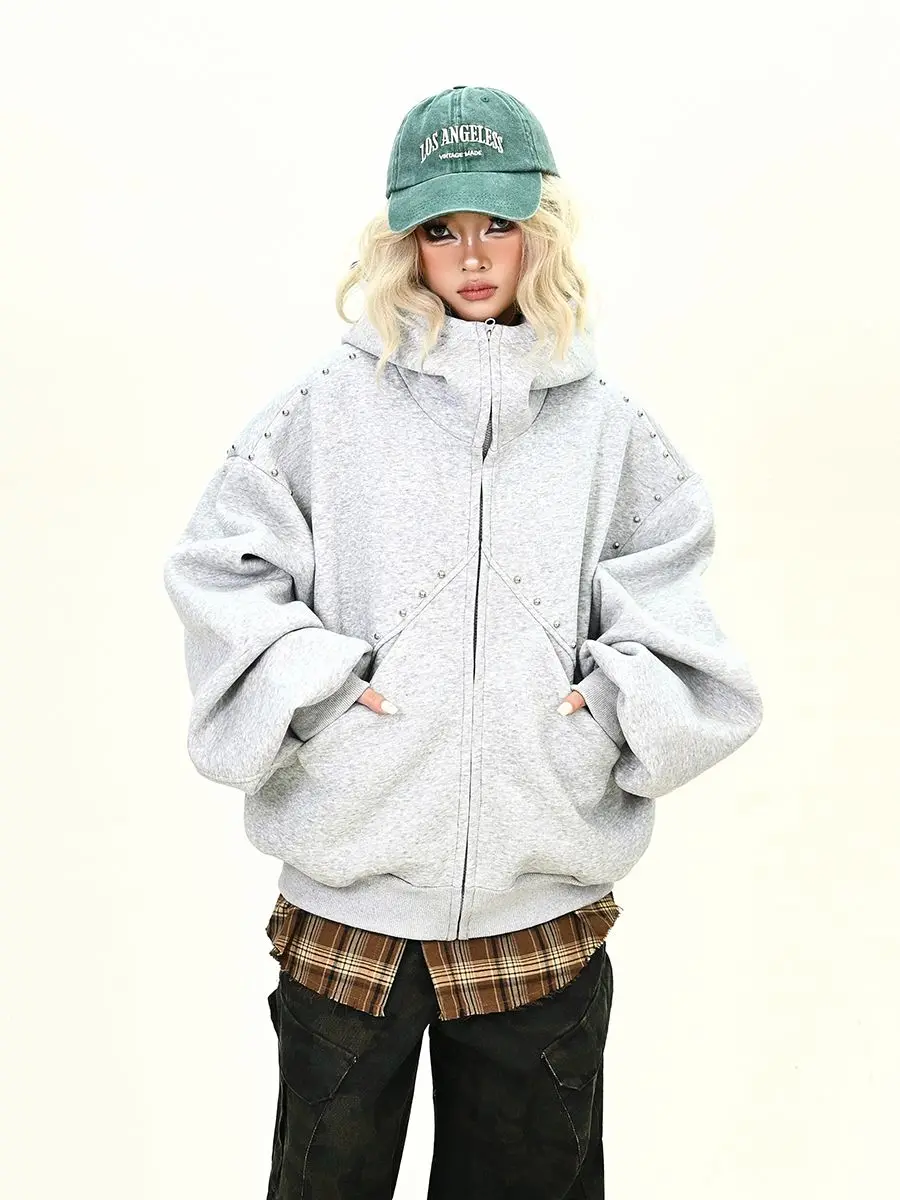 أسود الصفصاف مسمار أرنب الأذن هوديي سترة المرأة فاسق الخريف جديد فضفاض Y2K زمم موضة البلوز فريد الهيب هوب سترة