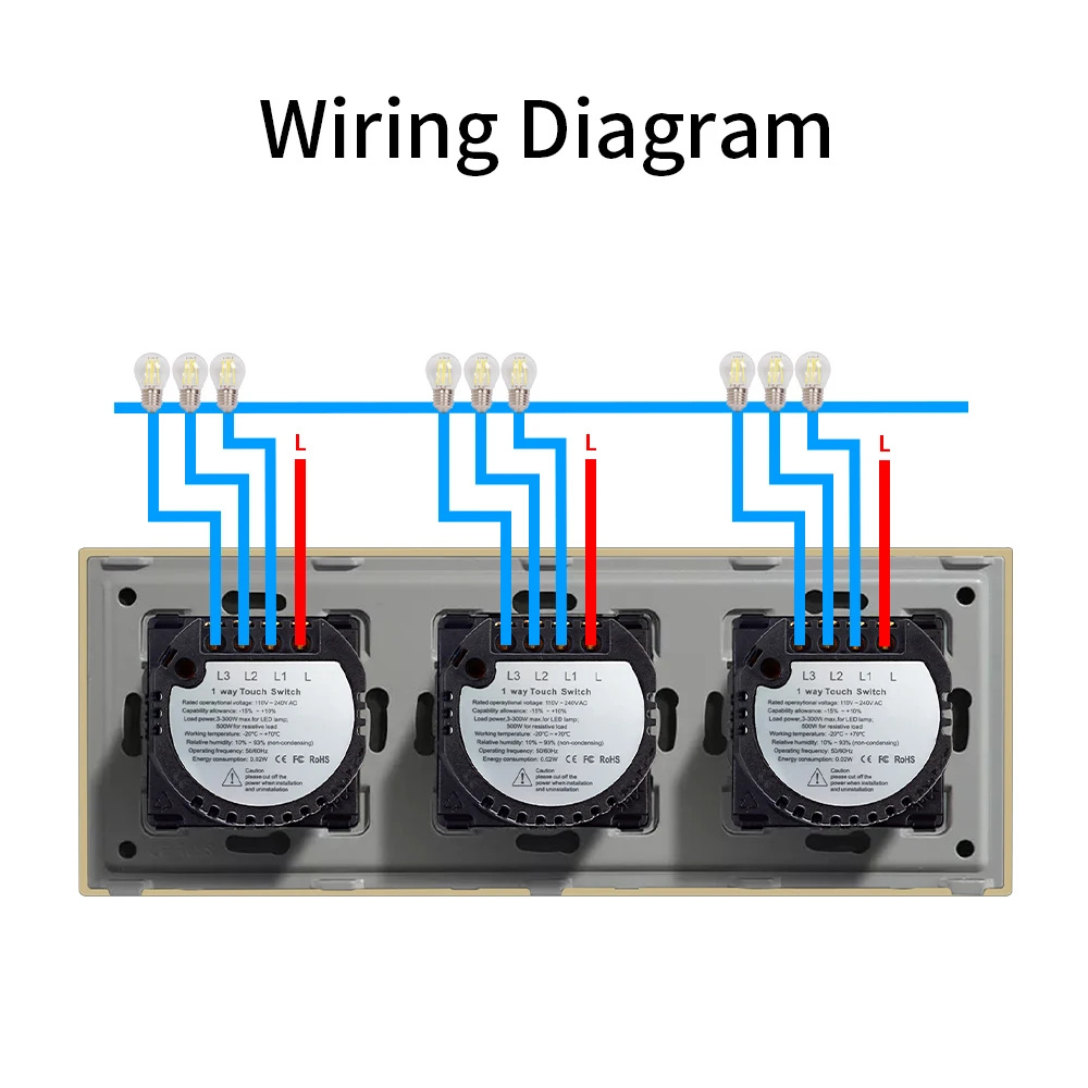 DAJIMEI EU Standard Triple 3/6/9Gang 1 Way Touch Light Switch 86*228mm Luxury Tempered Crystal Glass Panel Wall Switches