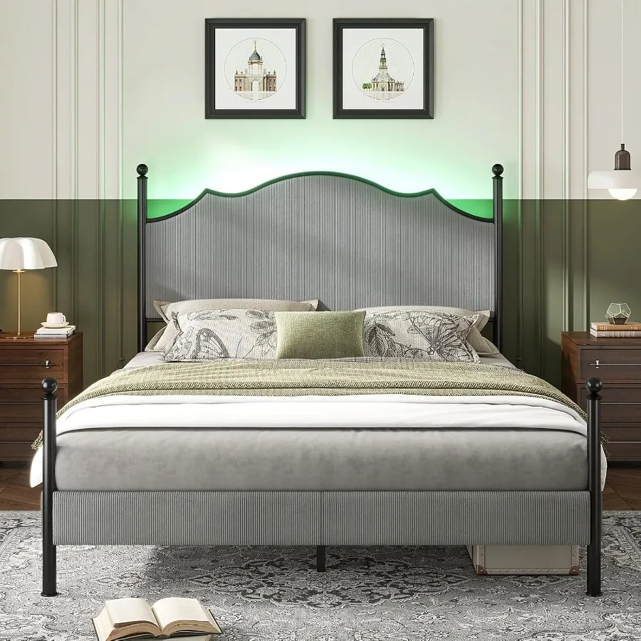 Upholstered Full Size Bed Frame with 51.2 Tall Headboard Metal Four Poster LED Beds for Bedroom Easy Assembly Wooden Slats Grey