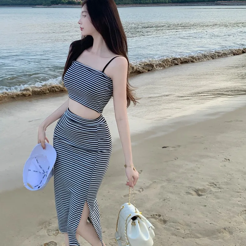 Hong Kong Style Spicy Girl Striped Strap Vest Skirt Set Women Summer 2024 New Fashion Half Skirt Two Piece Set Sexy Lady