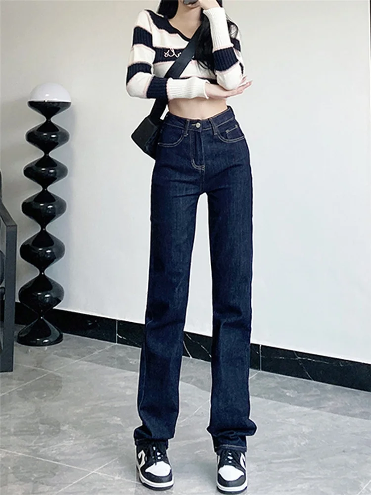 

Retro Deep Blue Slim Wide Leg Denim Jeans Women's Spring Autumn High Waist Slimming Tall Extended Straight Tube Pants