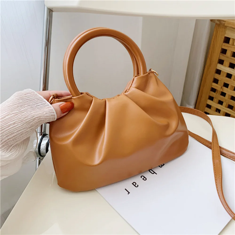 Retro Ring-shaped Handheld Bag Women\'s Bag Korean Fashion Simple Small Square PU Shoulder Crossbody Bag Female Pleated Hand Bags