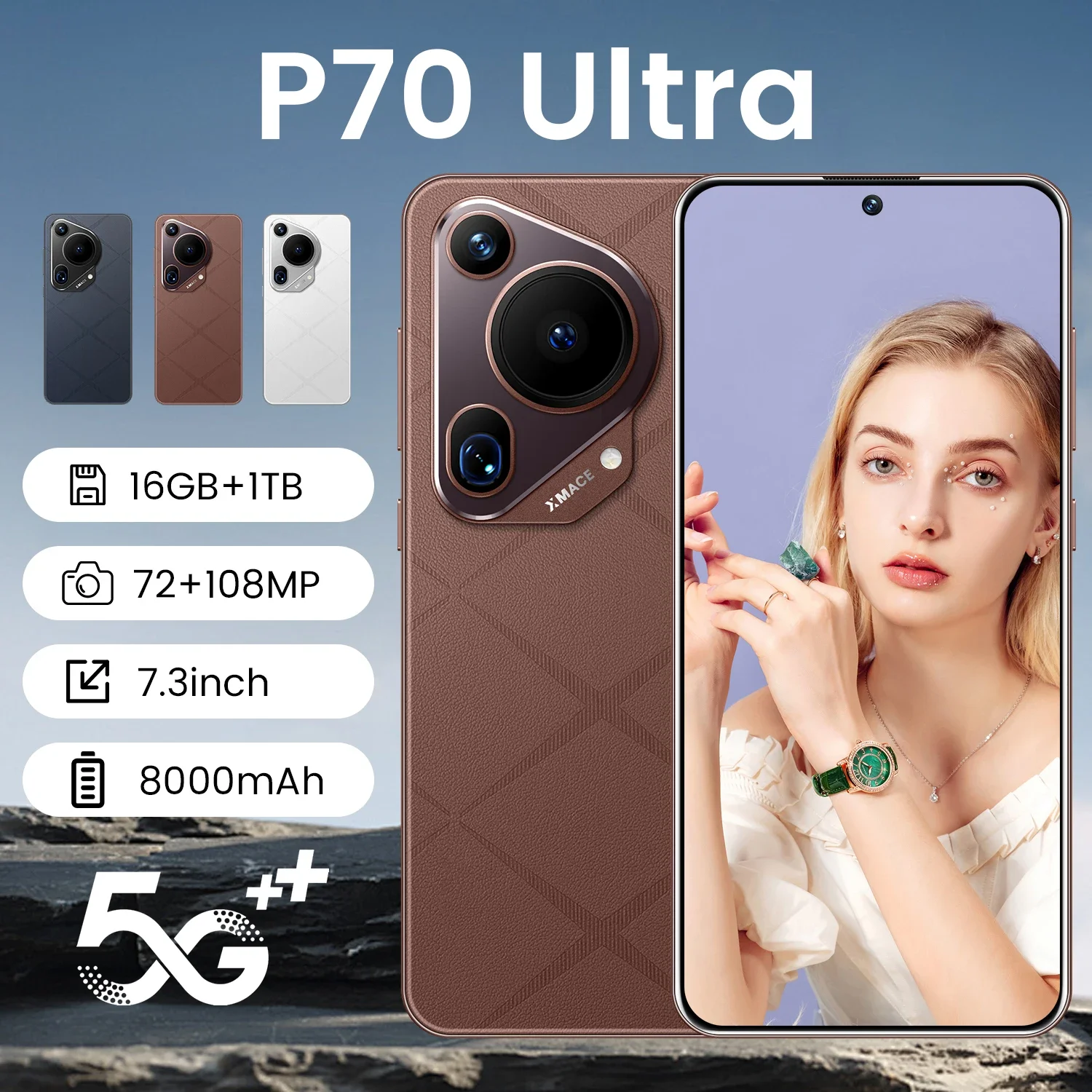 P70 울트라 글로벌 게이밍 폰, 7.3 인치 HD 안드로이드 14, 16GB + 1TB, 8000mAh, 얼굴 잠금 해제, 지문 잠금 해제 에디션, 5G 휴대폰, 신제품 