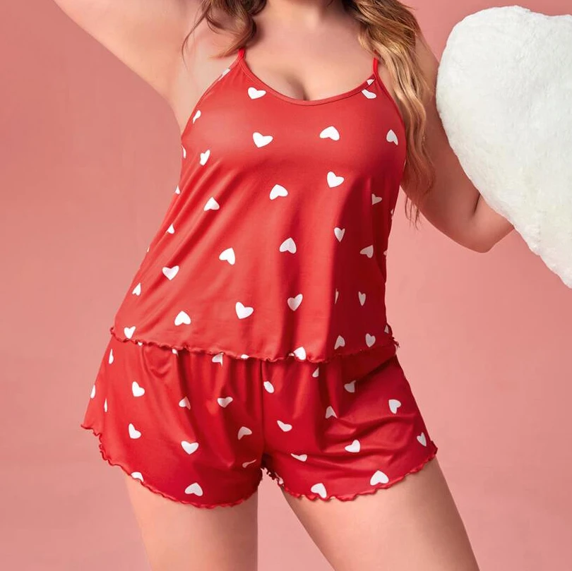 Plus-Size XL-5XL Women Pajama Set Nightgowns Cami Shorts Nightclothes  Sleeveless Nightwear Red Love Print Soft Sleepwear Summer