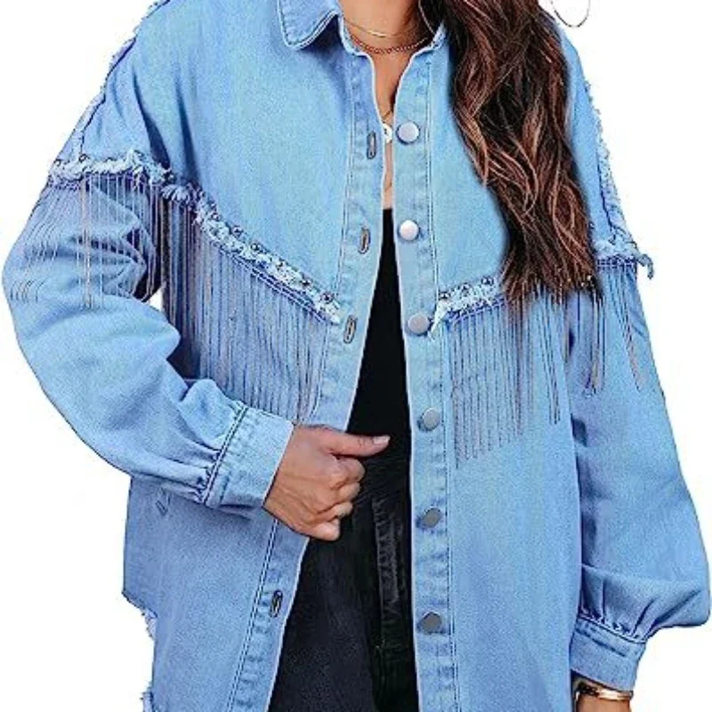 Denim Coat Women Spring Autumn Cotton Ropa Vintage Jeans Tassel Punk Gothic Bomber Jacket Windbreaker Y2k Jackets Korean