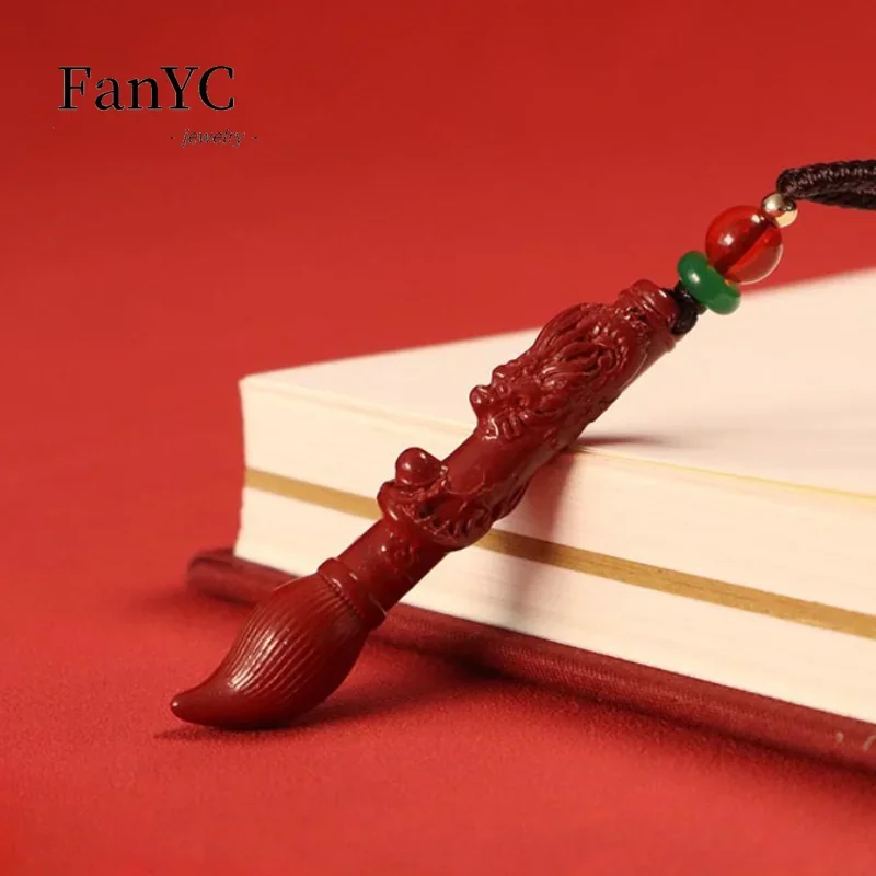 Natural Cinnabar Wenchang Pen Panlong Pen Pendant Hand-carved Delicate Charm Purple Gold Sand Necklace Men & Women Holiday Gift