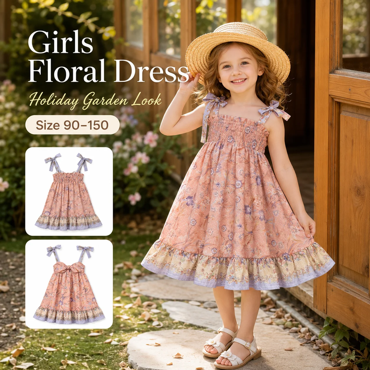baby girls Flower dress 2026 Summer Cute rural style kids spaghetti strap dress Party dance dress children floral princess dress