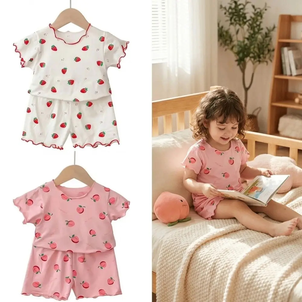 Strawberry Girls Pajama Set Soft Fabric T-shirt and Shorts Baby Sleepwear Breathable Organic Cotton Short Sleeve Pajama Set