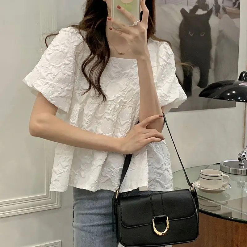 

Short Sleeve Shirts Womens Tulle Pleated Pintuck Cropped Shirt Subculture Fairycore Trend Urban Artistic Student Youthful