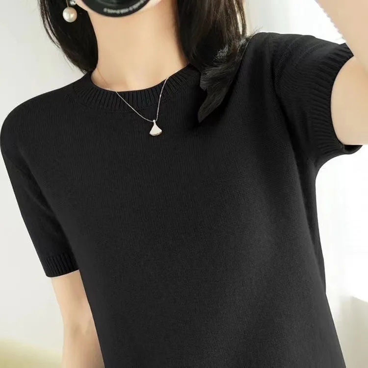 Short Sleeve T Shirt Women O Neck Wool Cotton Pullover Black Crop Top Spring Summer 2024 Streetwear Basic Knitted Sweater Tops