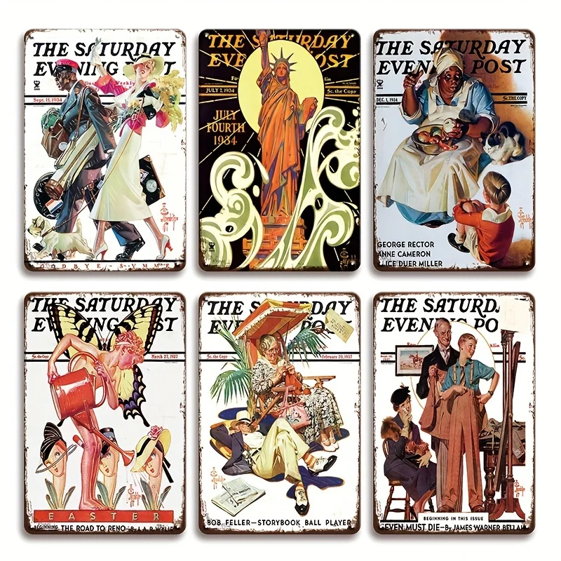 

2D Flat, 6 шт. Винтажные металлические жестяные вывески - 20,32x30,48 см Ретро настенное искусство для человеческой пещеры, бара, кафе, гаража, декора спальни - Durabl