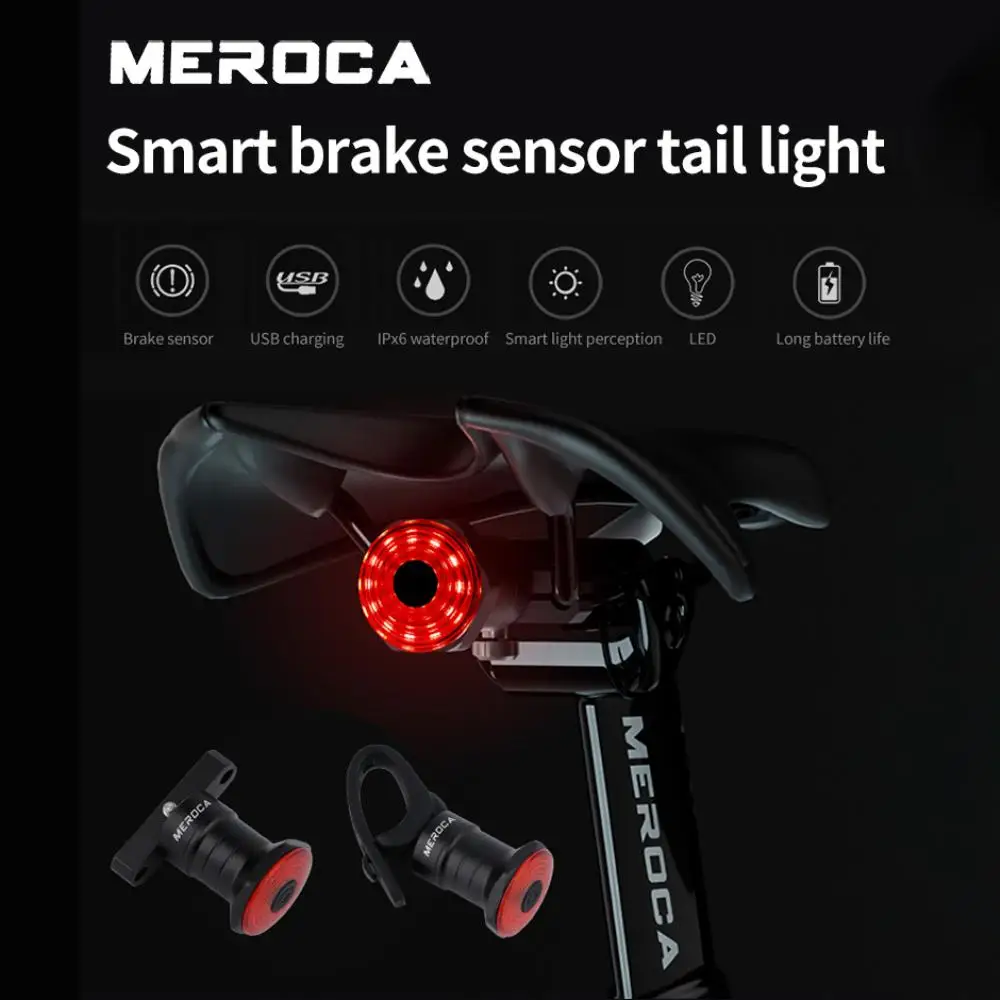 MEROCA-luz trasera de freno con Sensor inteligente para bicicleta, lámpara recargable, linterna trasera para ciclismo