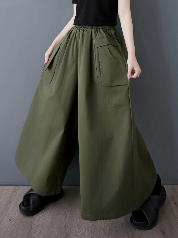 Wide Leg Pants Elastic Waist Pocket Multi-Functional Loose Slimming Large Size Casual Trousers Versatile Skirt for Women