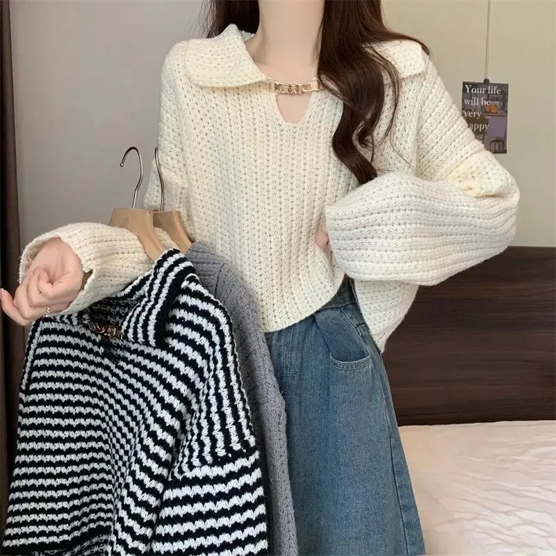 

Women's Spring Autumn Peter Pan Collar Sweater Lady Korean Fashion Chain Knit Pullover Short Tops Trendy Knitwear Female