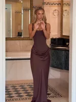 BROWN Pleated Sling MAXI Dress Women Square Neck Sleeveless Off-shoulder Waist Cinching Slim ROBE Fashion Evening Party Gowns - Image 3