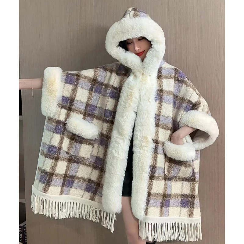 Young Fashion White Faux Rex Rabbit Fur Coat Hood Long Loose Thick Wool Overcoat Cape Winter Women Cloak Dress Smock 2023 New