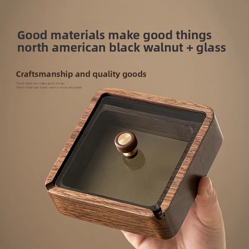 Black walnut ashtray with cover, living room and office double-slot ashtray, stainless steel creative light luxury ashtray