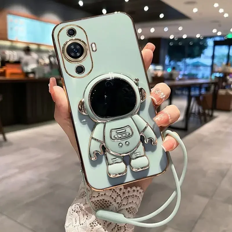Coque de placage de support d'astronome de dessin animé 3D pour Huawei, Nova 12S, 12 Lite, 11, SE, 12i, 13, support en silicone souple, lanière de couverture antichoc