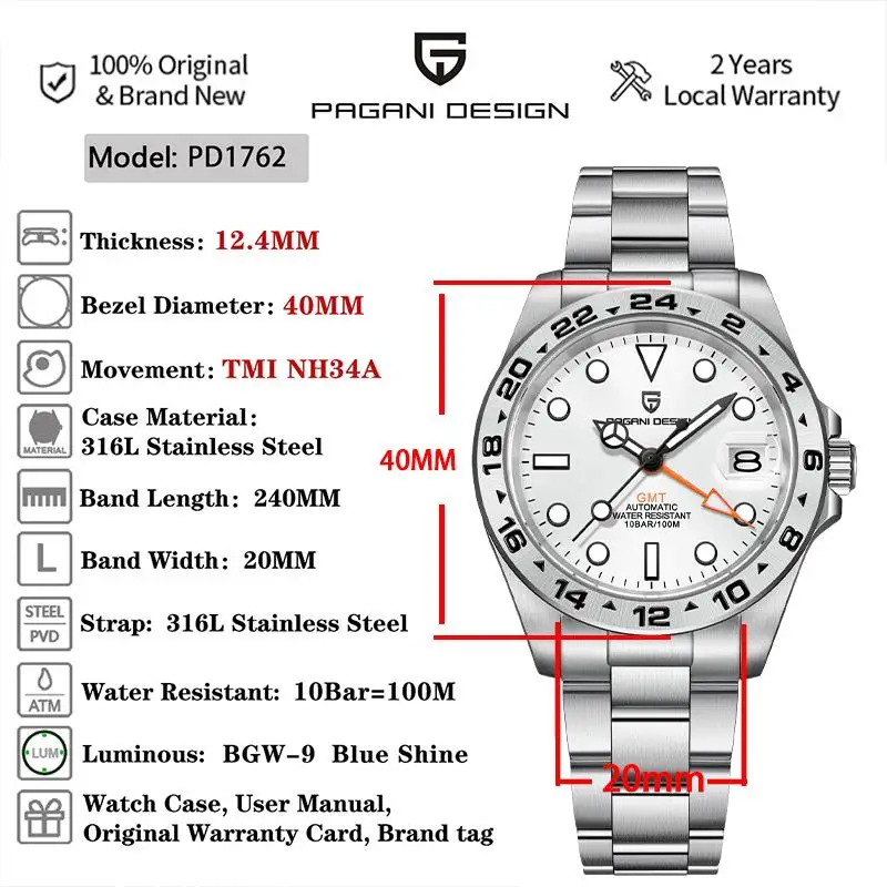 PAGANI DESIGN PD1762 Men's Automatic Mechanical Wristwatch NH34 40MM Luxury GMT Watch Sapphire stainless steel Original Watch