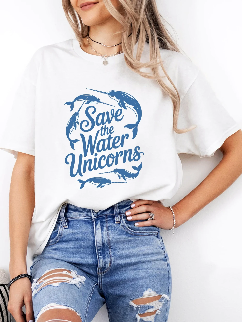 

Save The Water Unicorns Printing T-Shirt Women Cotton Summer Tops Comfortable Soft O-Neck Short Sleeve Casual Womans Clothes