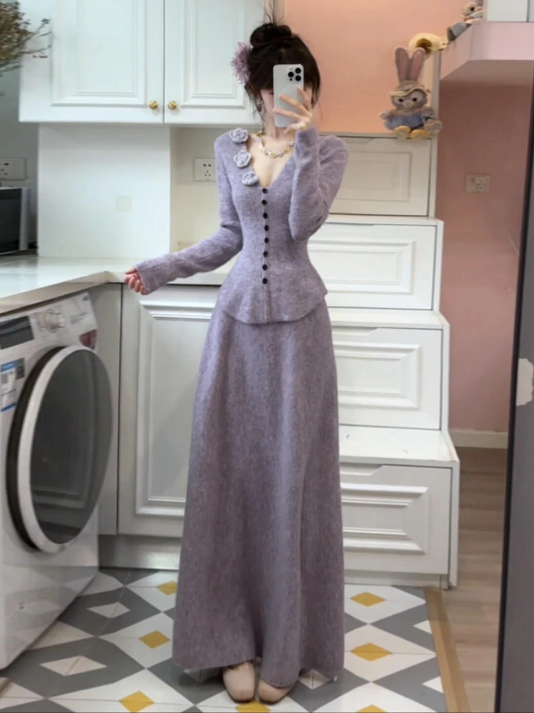 

Purple Knitted Sweater Dress Set Women's Early Spring 2026 New Small Size Korean Style Long Skirt Casual Winter Fashion