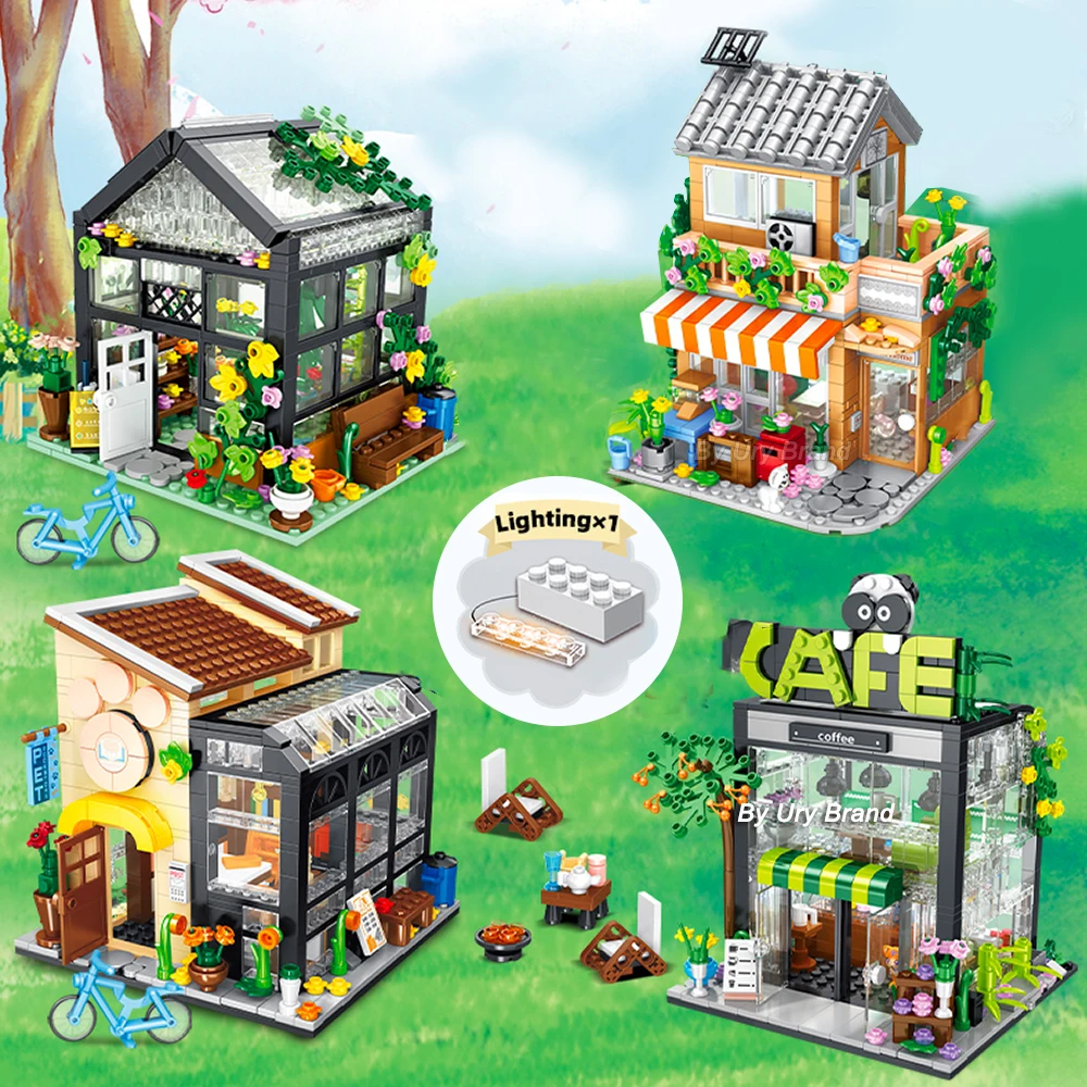 City Street View Creative House Coffee Shop Flower Store Architecture Building Block Bricks with LED Light Sets Toys for Girls